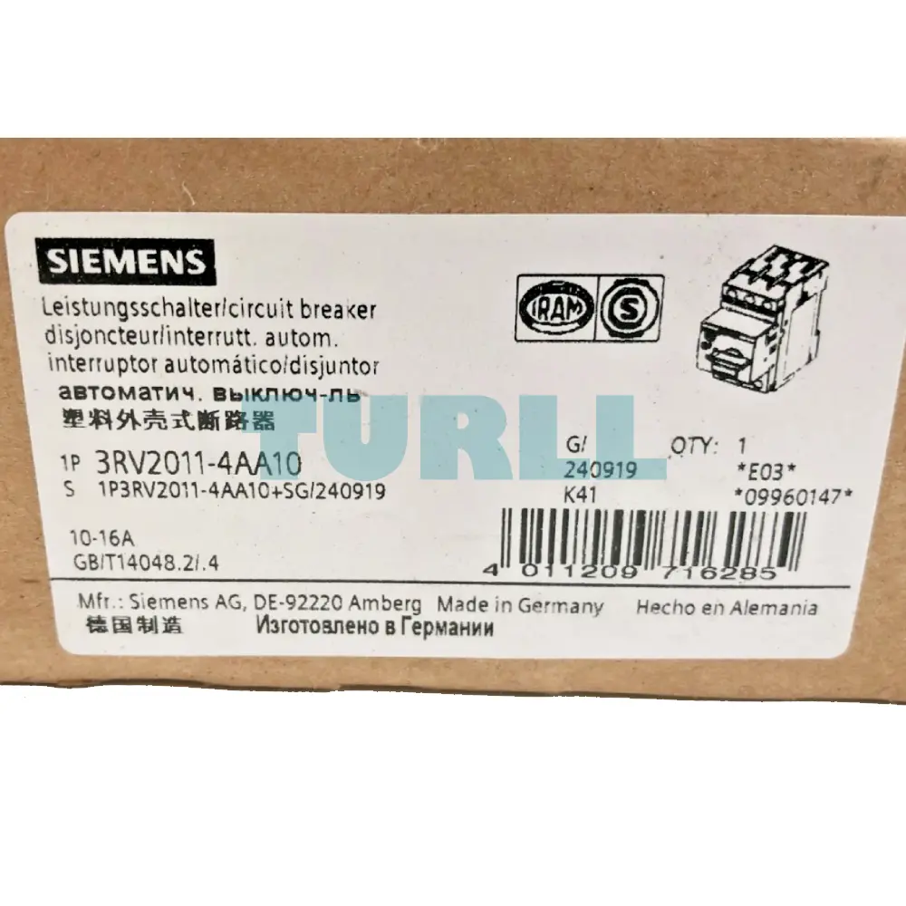Siemens 3RV2011-4AA10 Circuit Breaker, S00, Motor Protection, CLASS 10, 10-16