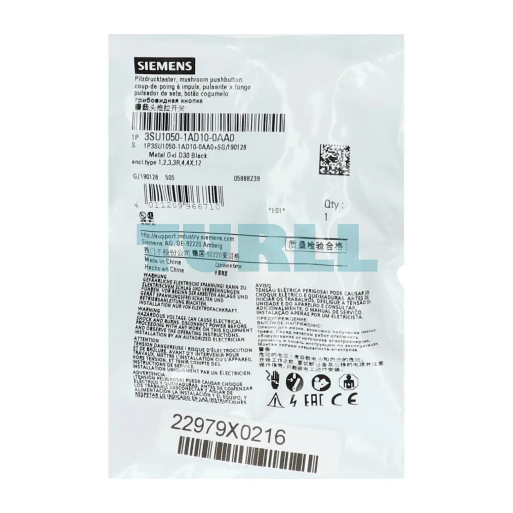 Siemens 3SU1050-1AD10-0AA0 Mushroom Pushbutton, 22mm, Metal, Momentary, Black Original Brand New 4 Siemens 3SU1050-1AD10-0AA0 Mushroom Pushbutton, 22mm, Metal, Momentary, Black