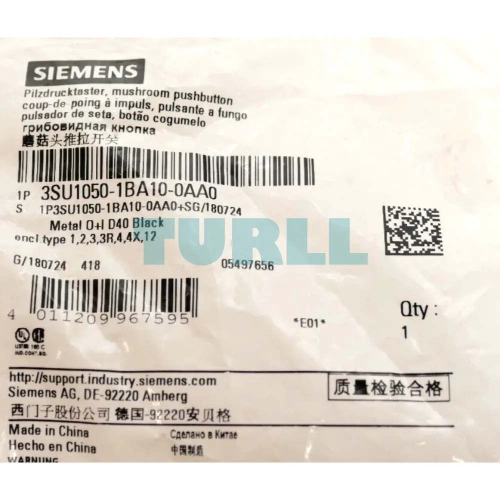 Siemens 3SU1050-1BA10-0AA0 Mushroom Pushbutton 22mm Round Metal Black Latching