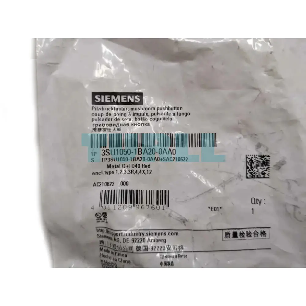 Siemens 3SU1050-1BA20-0AA0 Red Mushroom Pushbutton, 22mm, Round Metal, Latching Original Brand New 2 Siemens 3SU1050-1BA20-0AA0 Red Mushroom Pushbutton, 22mm, Round Metal, Latching