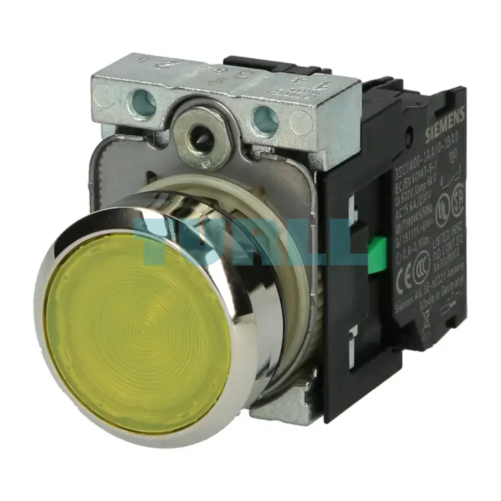 Siemens 3SU1156-0AB30-1BA0 Illuminated Pushbutton, 22mm, Metal Yellow, Flat Momentary, 230V AC Original Brand New 1 Siemens 3SU1156-0AB30-1BA0 Illuminated Pushbutton, 22mm, Metal Yellow, Flat Momentary, 230V AC