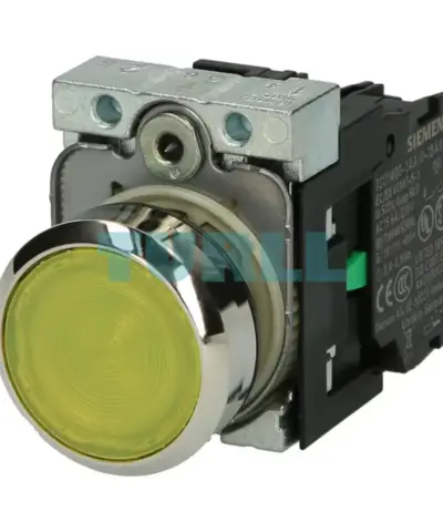 Siemens 3SU1156-0AB30-1BA0 Illuminated Pushbutton, 22mm, Metal Yellow, Flat Momentary, 230V AC