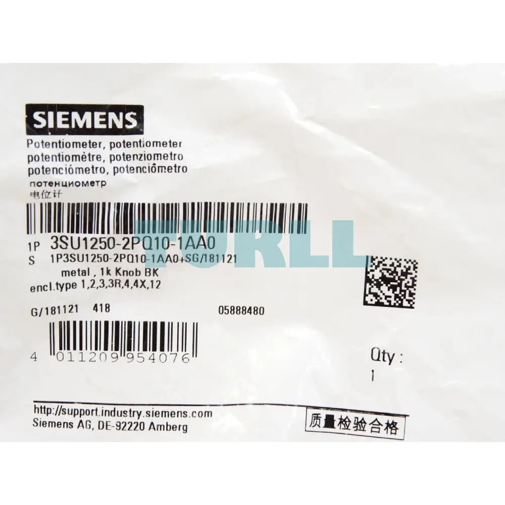 Siemens 3SU1250-2PQ10-1AA0 Metal Potentiometer, 22mm, 1k Ohm, Screw Terminal Holder Original Brand New 4 Siemens 3SU1250-2PQ10-1AA0 Metal Potentiometer, 22mm, 1k Ohm, Screw Terminal Holder