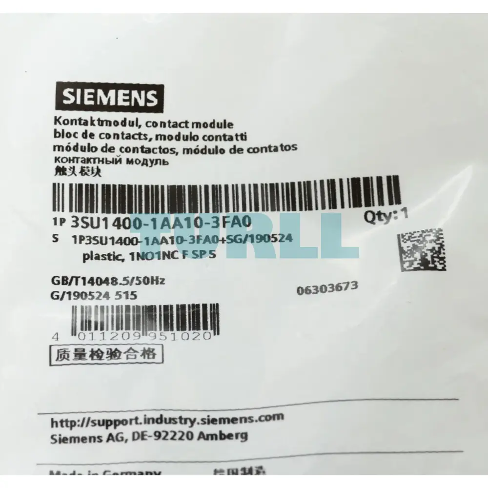 Siemens 3SU1400-1AA10-3FA0 Contact Module, 1 NO + 1 NC, Spring-Type Terminal, Front Plate Mounting Original Brand New 3 Siemens 3SU1400-1AA10-3FA0 Contact Module, 1 NO + 1 NC, Spring-Type Terminal, Front Plate Mounting