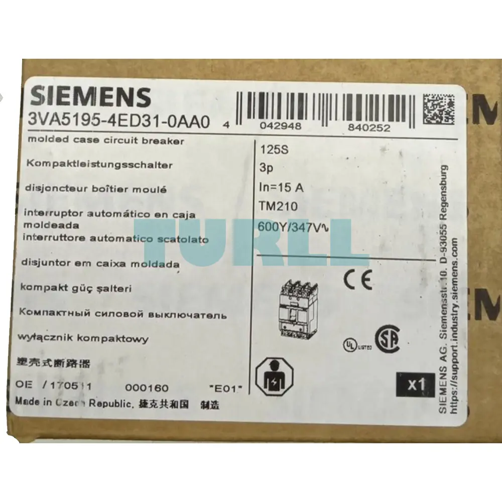 Siemens 3VA5195-4ED31-0AA0 Molded Case Circuit Breaker 3VA5 UL Frame 125, 3-Pole, 15A