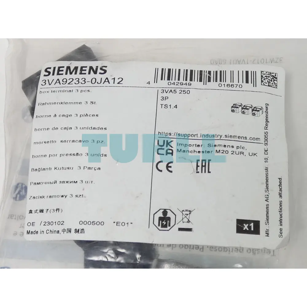 Siemens 3VA9233-0JA12 Box Terminal, 3 Units Accessory for 3VA52 Circuit Breakers