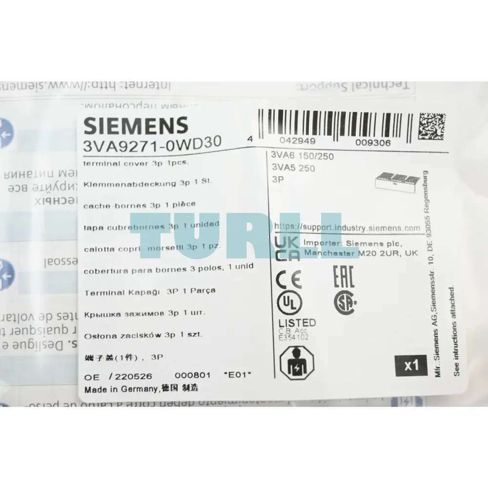 Siemens 3VA9271-0WD30 Terminal Cover, 3-Pole, Accessory for 3VA52 & 3VA61/62 Breakers