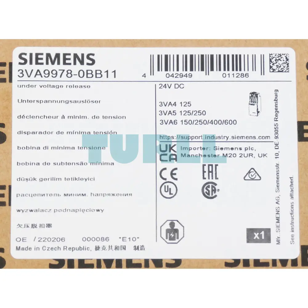 Siemens 3VA9978-0BB11 Undervoltage Release (UVR), 24V DC Accessory for 3VA4/5/6 MCCB