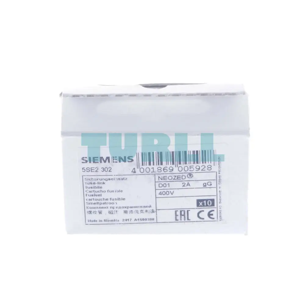 Siemens 5SE2302 NEOZED Fuse-Link, D01 Size, 2A, gG, 400V AC / 250V DC