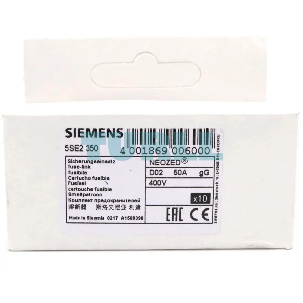 Siemens 5SE2350 NEOZED Fuse-Link, D02, 50A, gG, 400V AC / 250V DC, with Silver-Coated Contact Caps