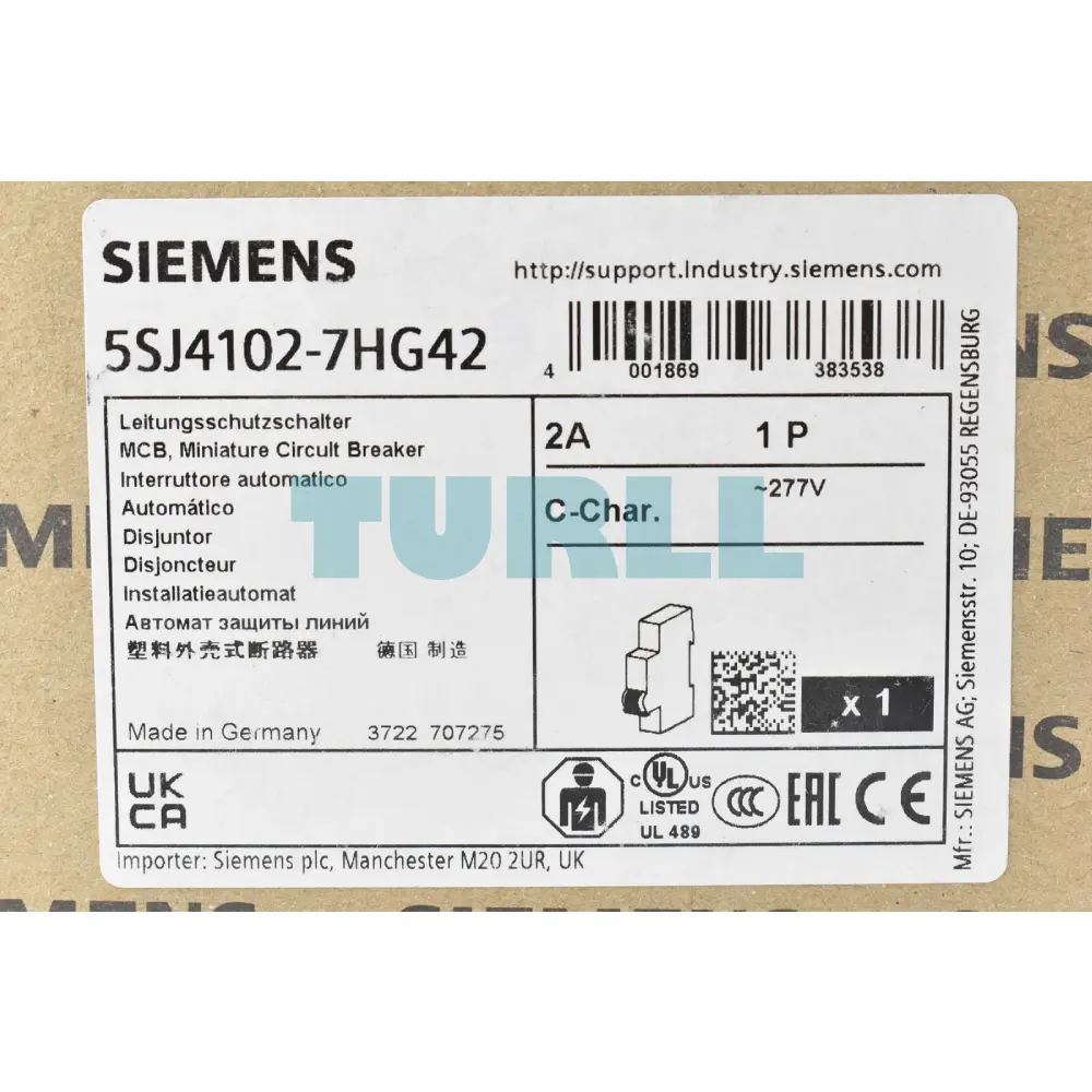 Siemens 5SJ4102-7HG42 Miniature Circuit Breaker, 1-Pole, 2A, 277V, 10kA, C-Curve, UL 489 Rated