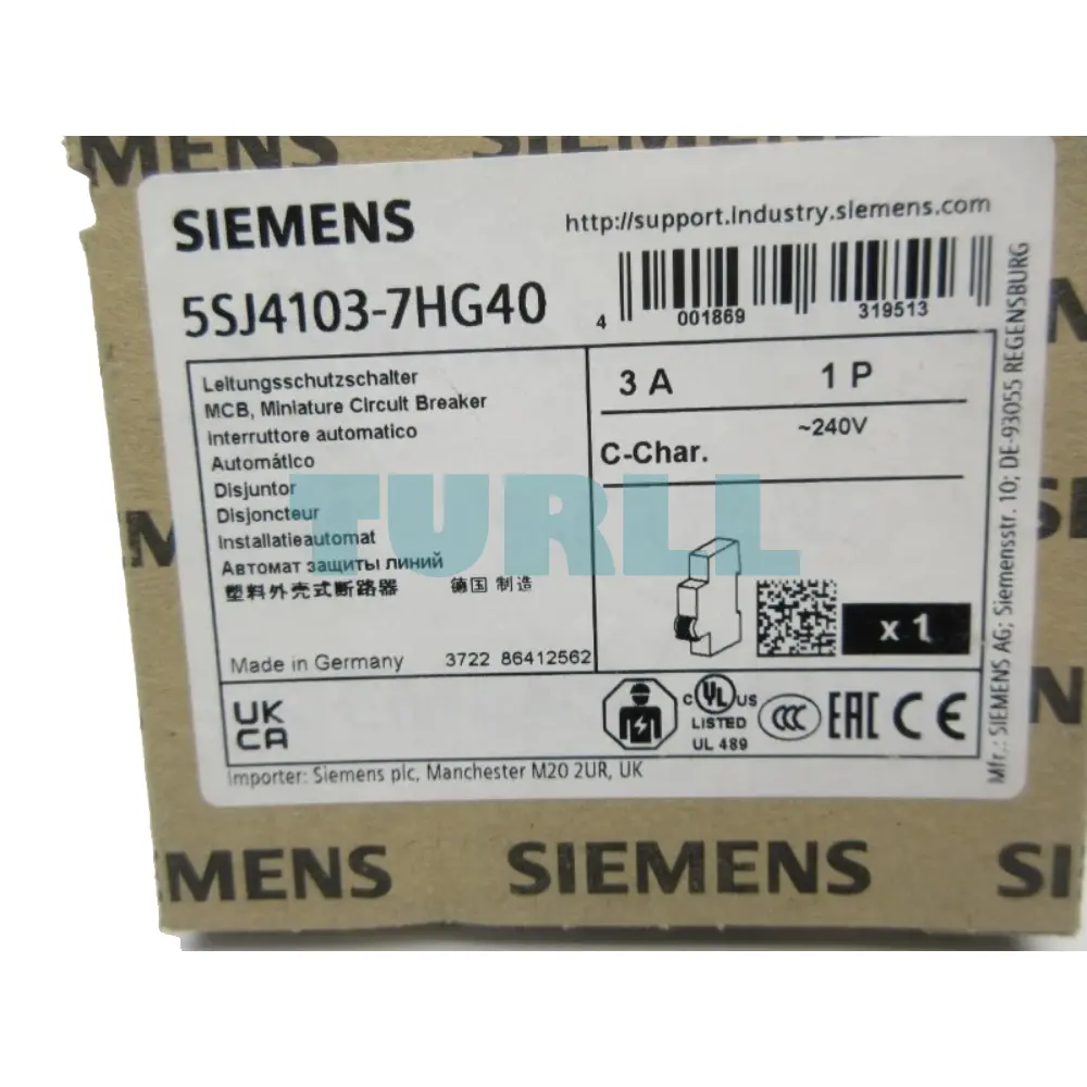 Siemens 5SJ4103-7HG40 Sentron Miniature Circuit Breaker 1-Pole, 3A, Class C, 240V, 14kA