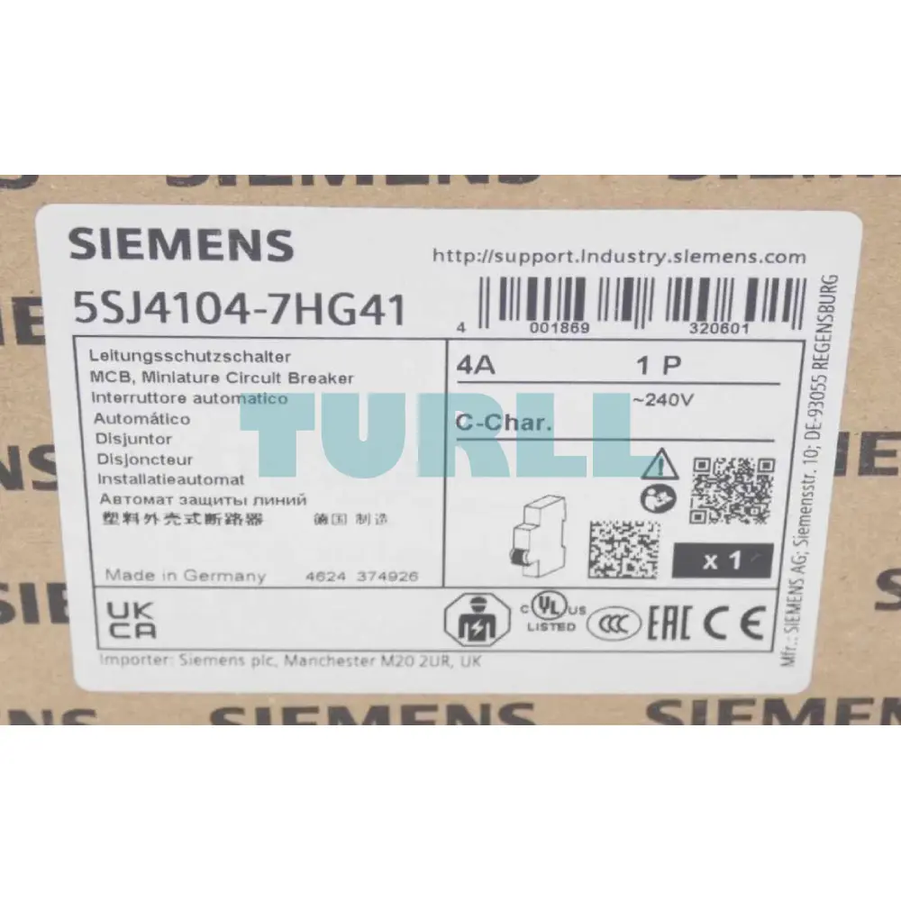 Siemens 5SJ4104-7HG41 Miniature Circuit Breaker 4A, 1-Pole, 240V, C-Curve, UL 489