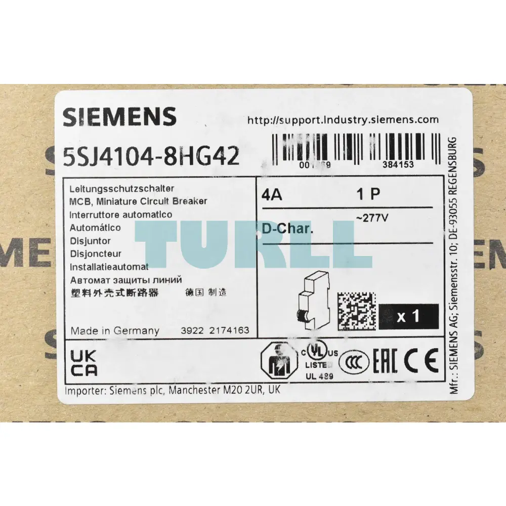 Siemens 5SJ4104-8HG42 Circuit Breaker 10kA, 1-Pole, D-Curve, 4A, UL 489, 277V