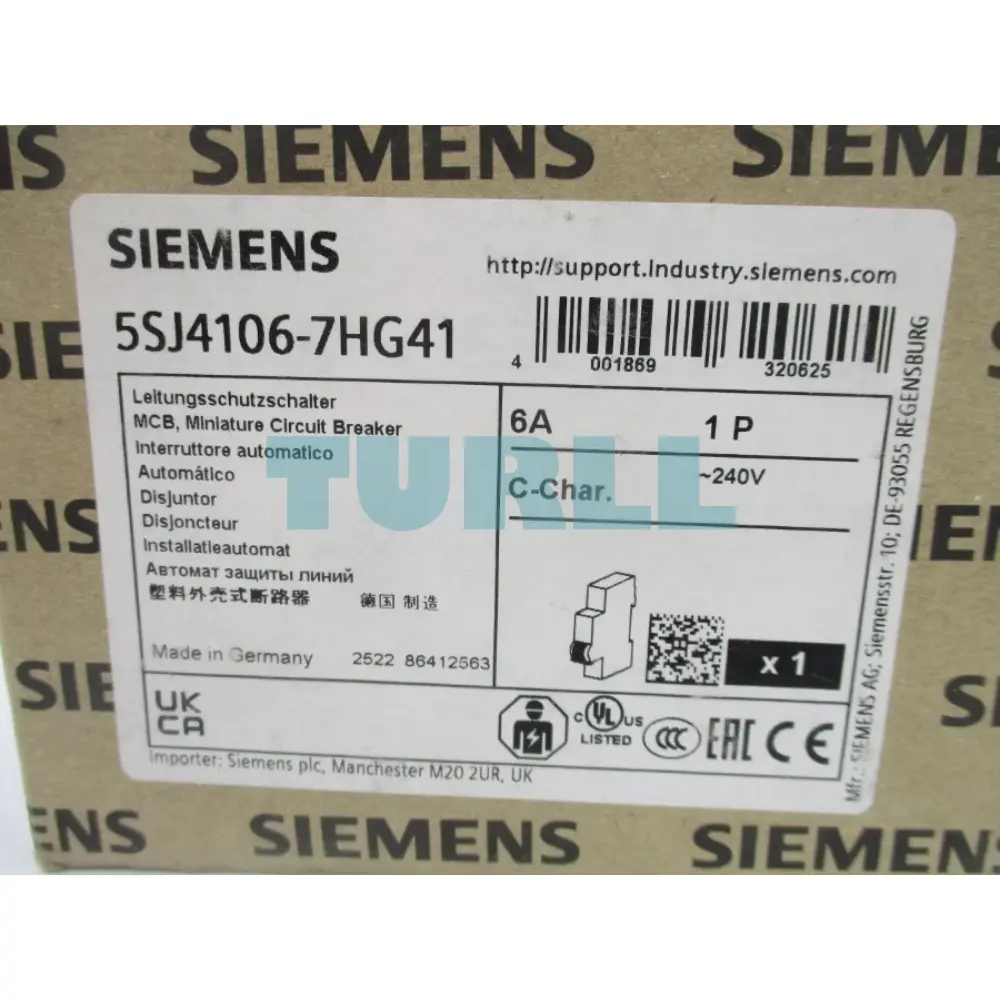 Siemens 5SJ4106-7HG41 Sentron Miniature Circuit Breaker 1-Pole, 6 Amp, Type C, UL 489 Rated
