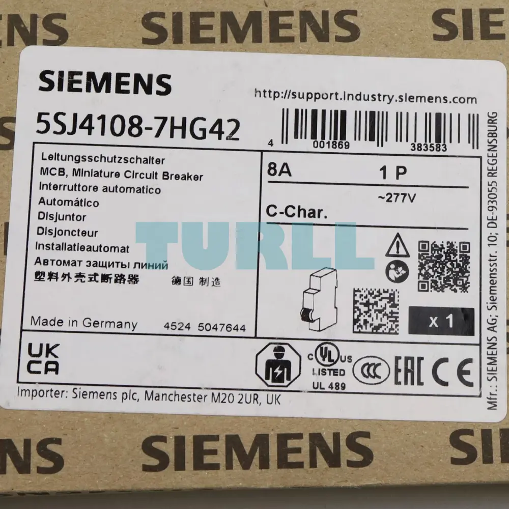 Siemens 5SJ4108-7HG42 Miniature Circuit Breaker 1 Pole, 8A, C Curve, 10kA, UL 489
