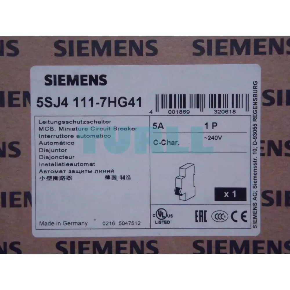 Siemens 5SJ4111-7HG41 Miniature Circuit Breaker 1-Pole, 5A, Type C, 240V, 14kA