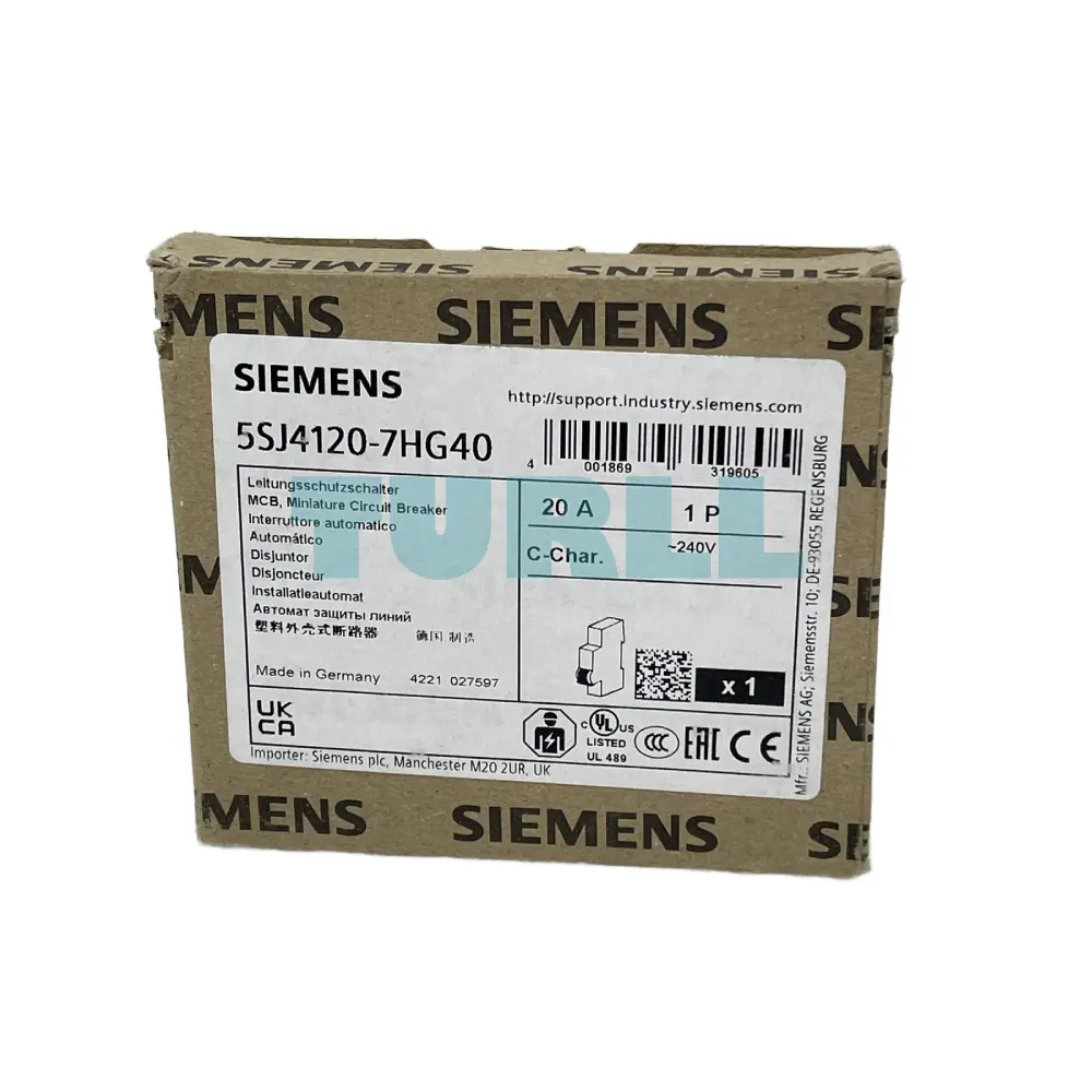 Siemens 5SJ4120-7HG40 Miniature Circuit Breaker 1-Pole, 20A, 240V, 14kA, C-Trip
