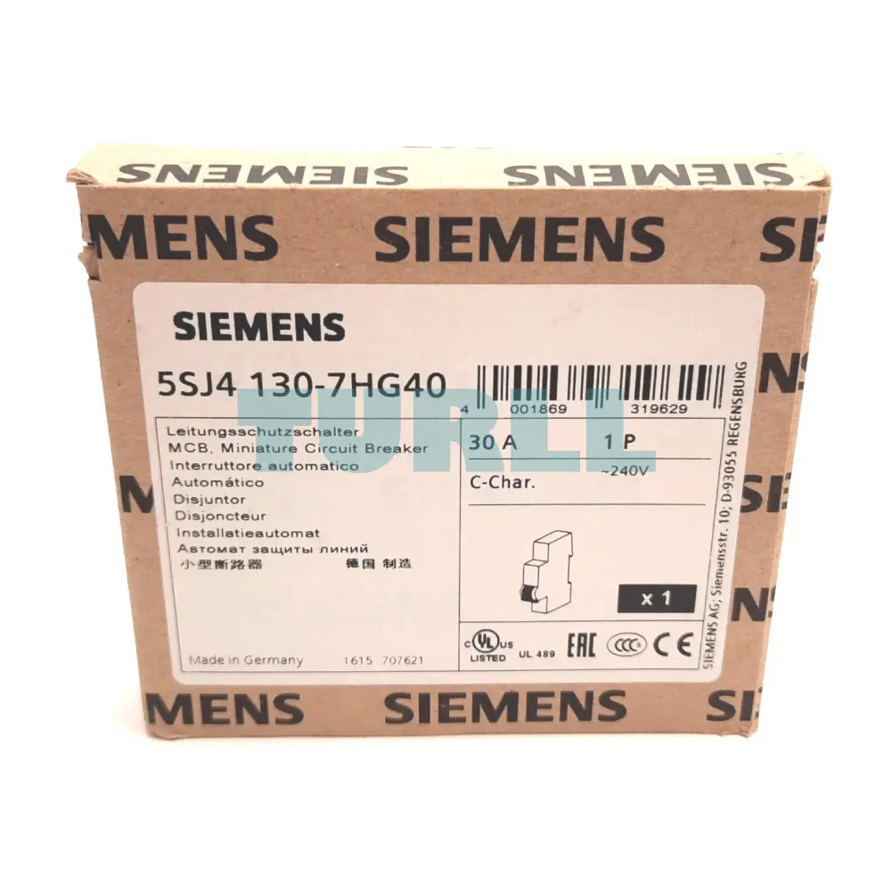 Siemens 5SJ4130-7HG40 Miniature Circuit Breaker 1-Pole, 30A, 240V, C-Type, UL 489A