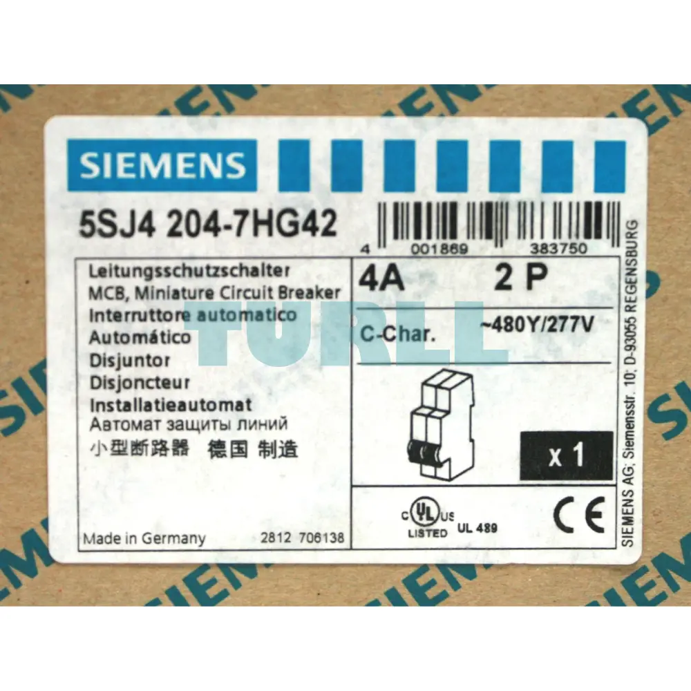 Siemens 5SJ4204-7HG42 Circuit Breaker 10kA, 2-Pole, C Curve, 4A, UL 489 Rated