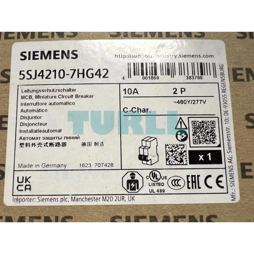 Siemens 5SJ4210-7HG42 Miniature Circuit Breaker 2-Pole, 10A, Type C, UL 489 Rated