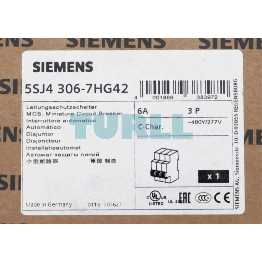 Siemens 5SJ4306-7HG42 Circuit Breaker 10kA, 3-Pole, C Curve, 6A, UL 489-480Y/277V