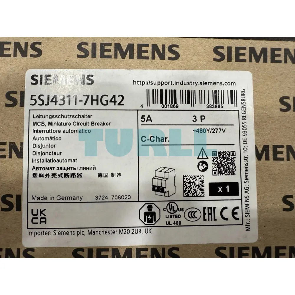 Siemens 5SJ4311-7HG42 Circuit Breaker, 10kA, 3-Pole, C, 5A, UL 489-480Y/277V