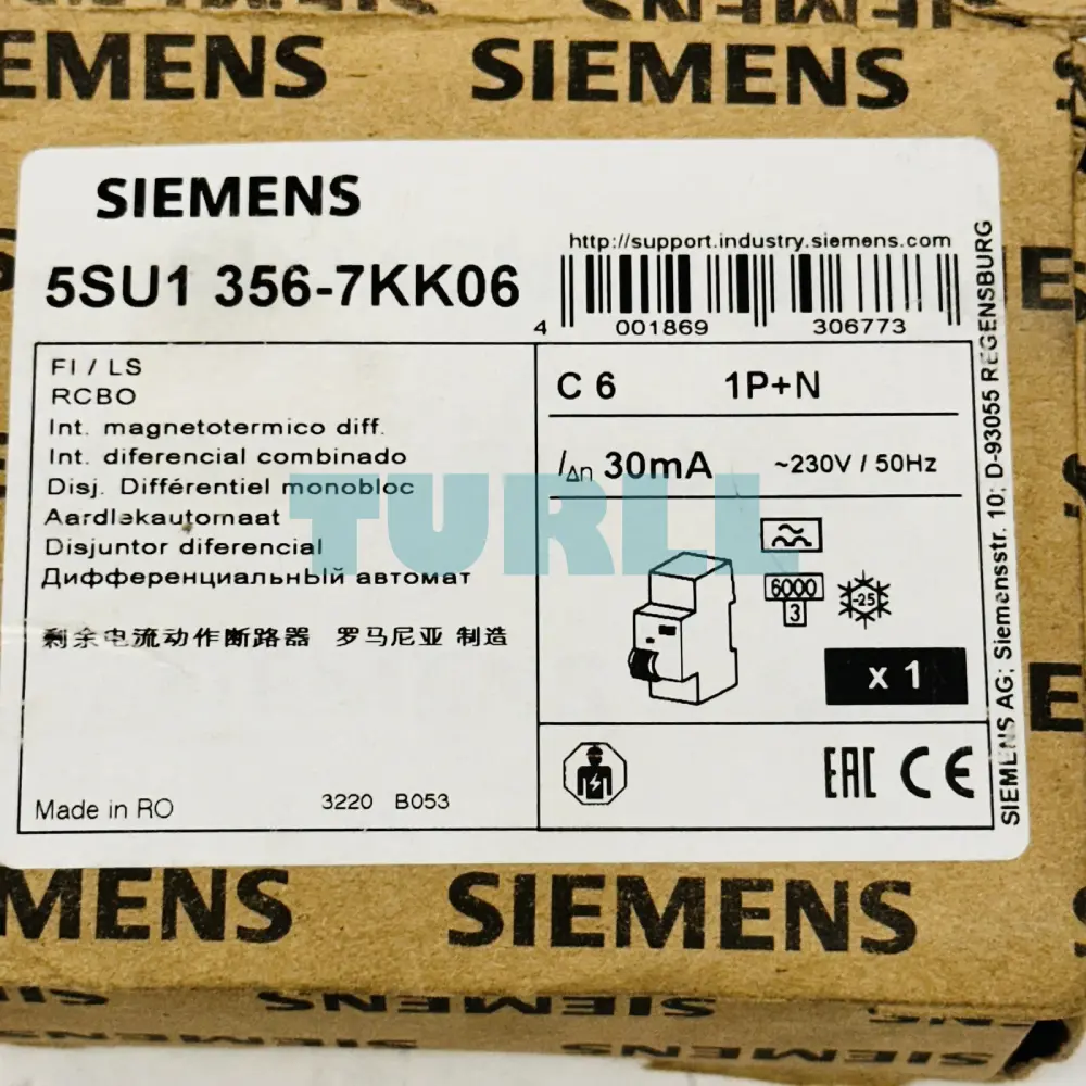 Siemens 5SU1356-7KK06 RCBO, 1P+N, 6kA, 6A, 30mA, Type A, C-Characteristic