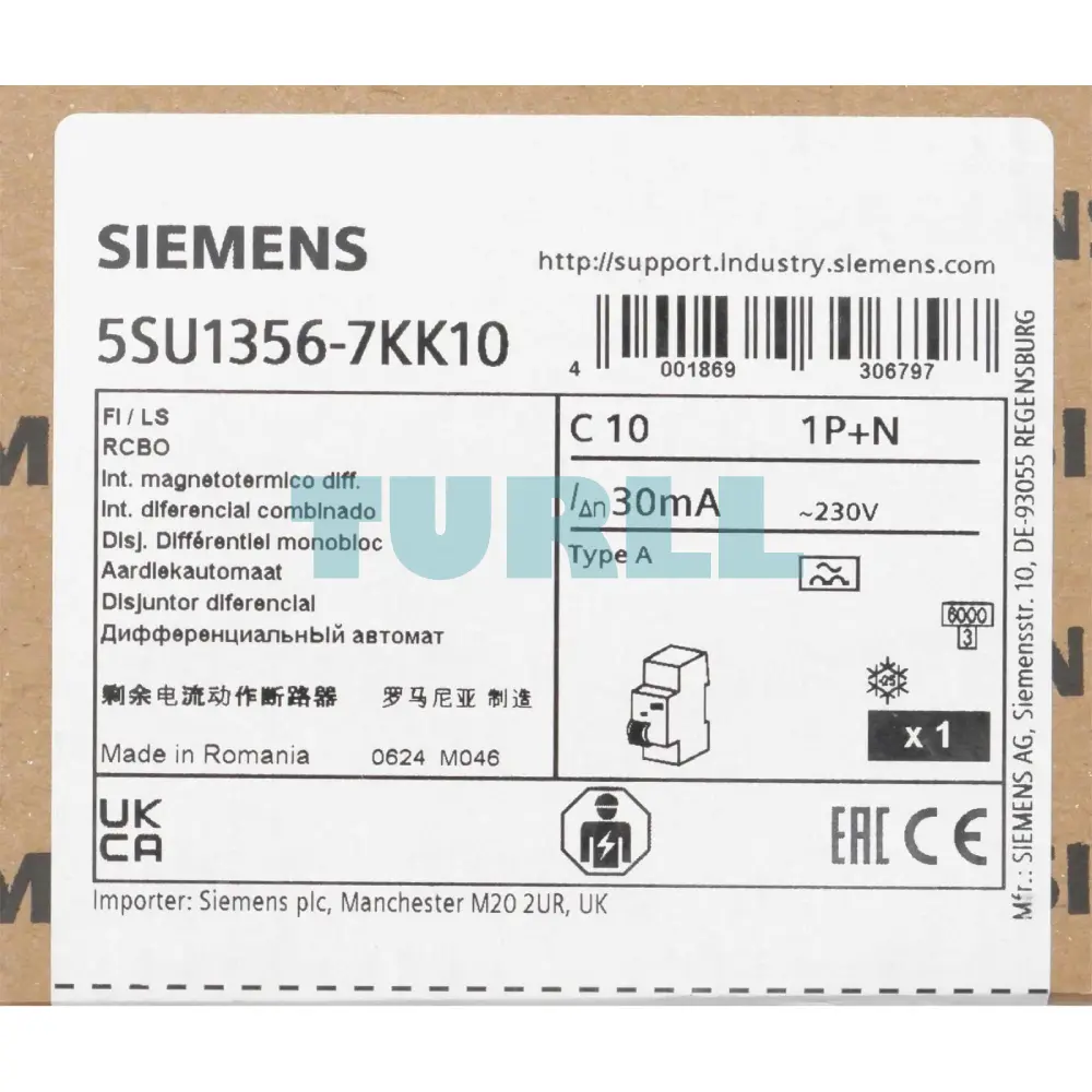 Siemens 5SU1356-7KK10 RCBO 10A, 30mA, Type A, 1P+N, C-Char, 230V, 6kA