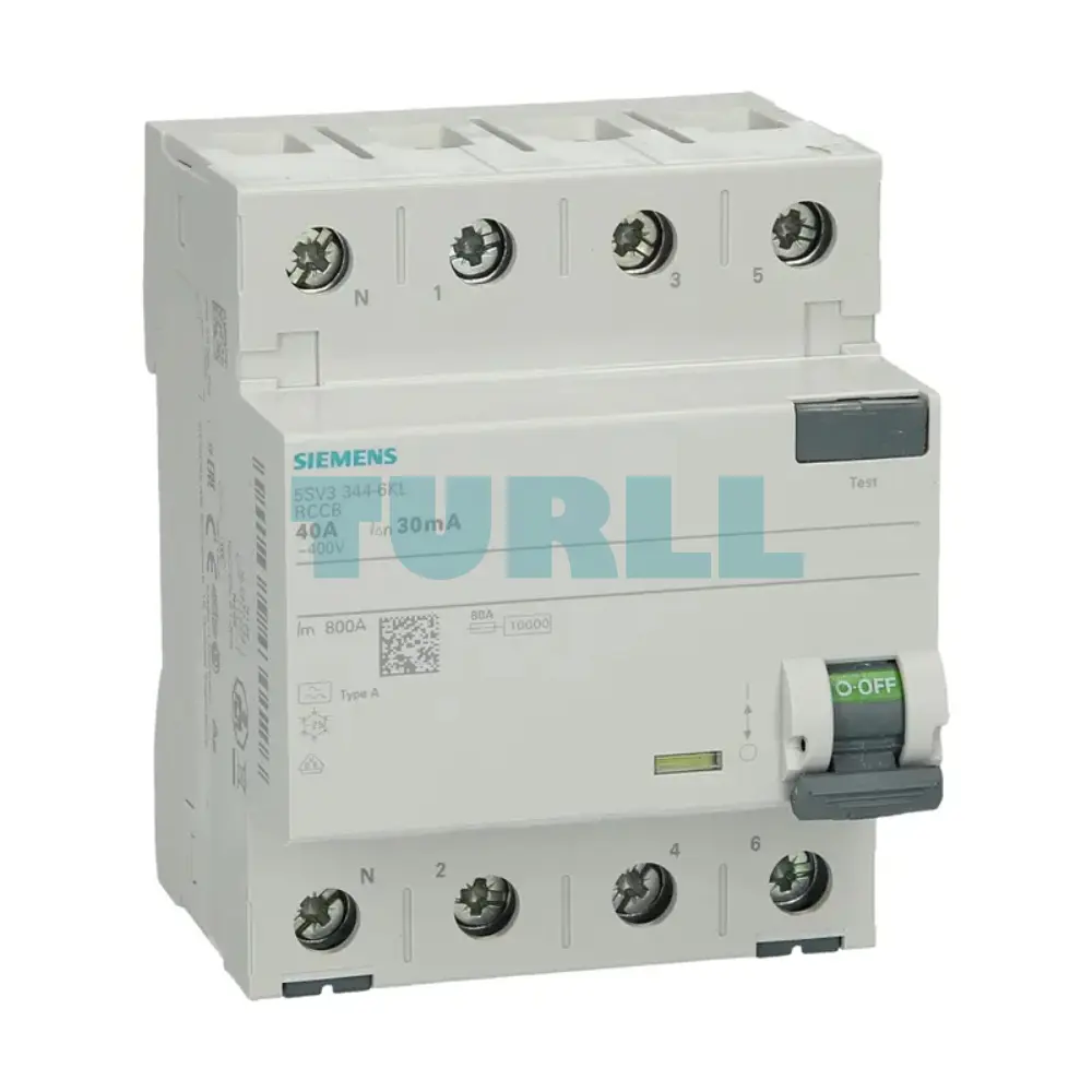 Siemens 5SV3344-6KL Residual Current Circuit Breaker, 4-Pole, Type A, 40A, 30mA, 400V Original Brand New 1 Siemens 5SV3344-6KL Residual Current Circuit Breaker, 4-Pole, Type A, 40A, 30mA, 400V
