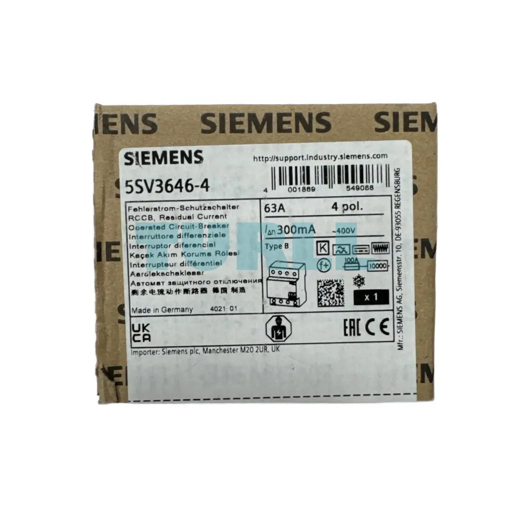 Siemens 5SV3646-4 Residual Current Operated Circuit Breaker, 4-Pole, Type B, 63A, 300mA Original Brand New 4 Siemens 5SV3646-4 Residual Current Operated Circuit Breaker, 4-Pole, Type B, 63A, 300mA