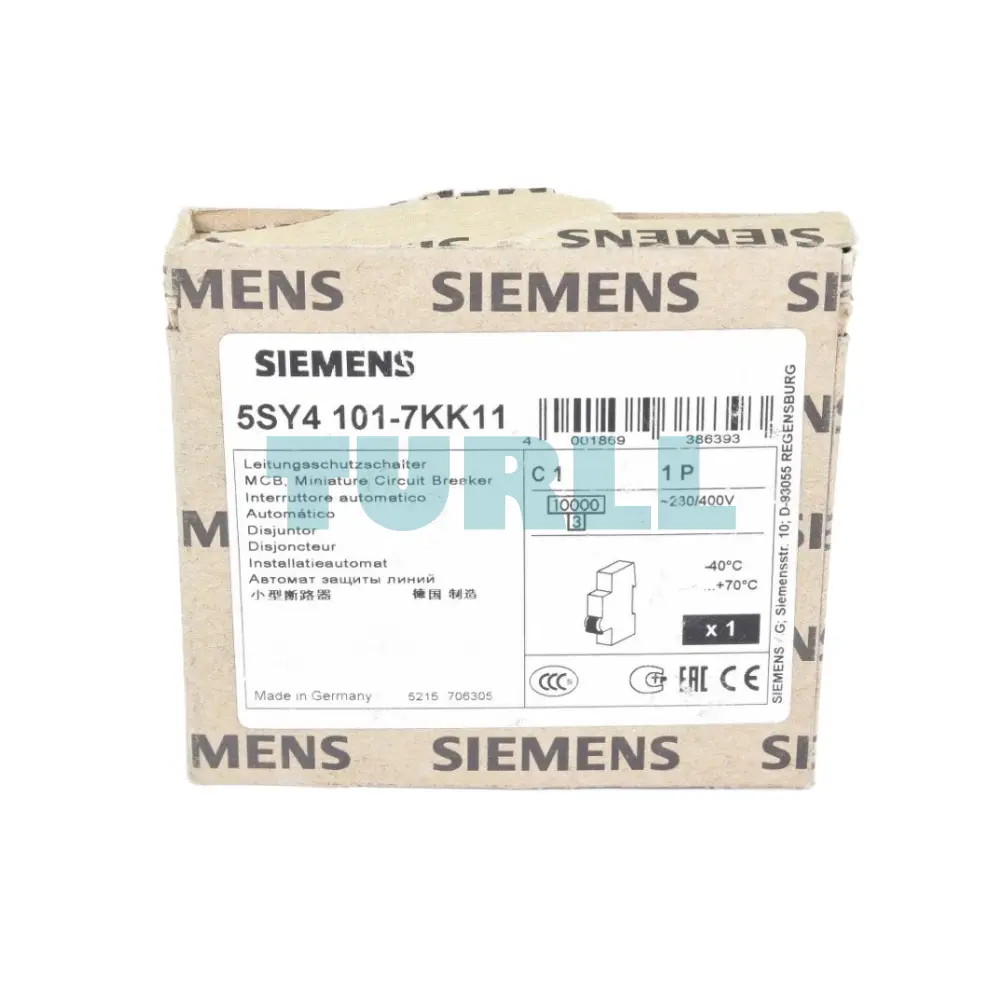 Siemens 5SY4101-7 Miniature Circuit Breaker 1-Pole, C Curve, 1A, 230/400V, 10kA, D=70mm