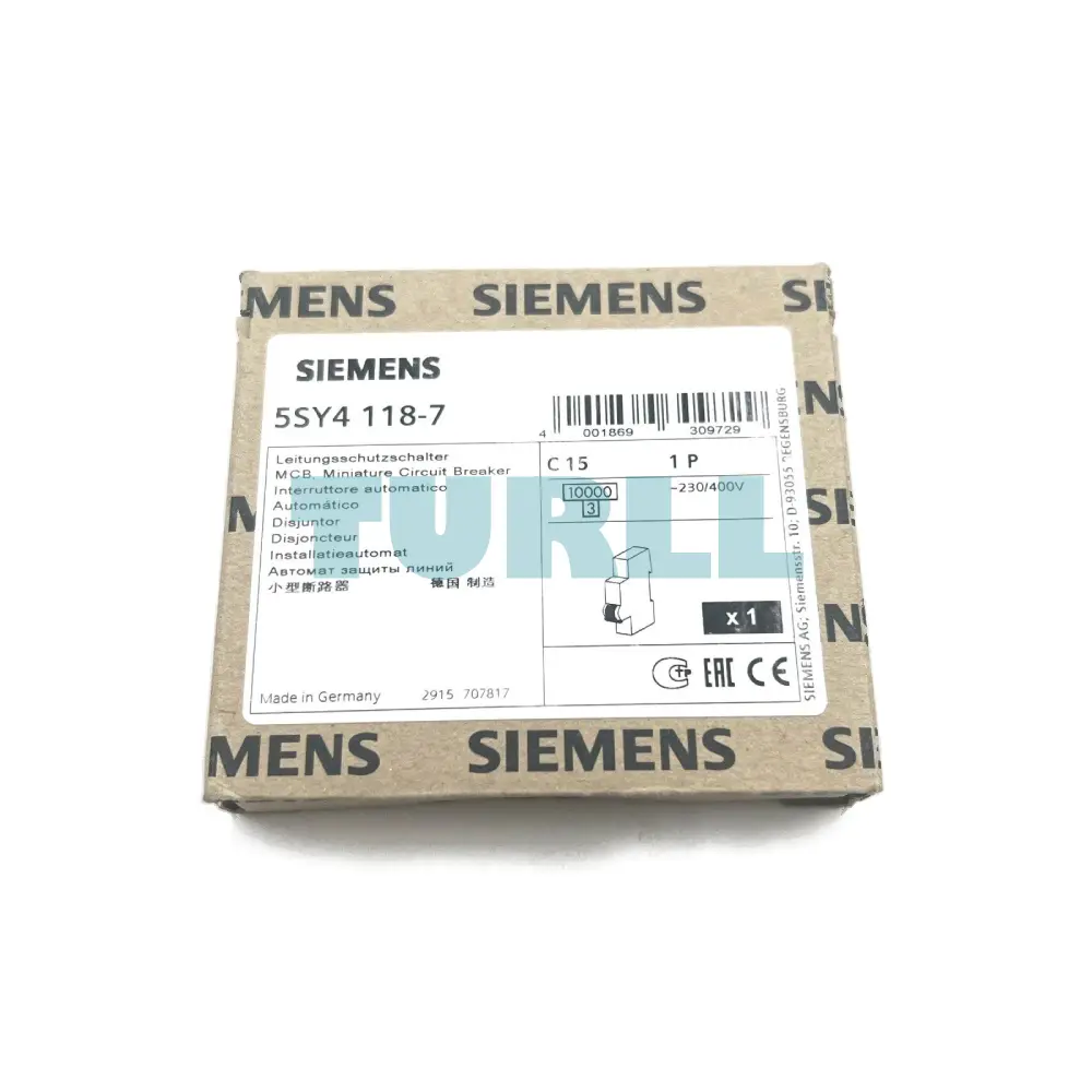 Siemens 5SY4118-7 Miniature Circuit Breaker 230/400V, 10kA, 1-Pole, 15A, Type C, D=70mm