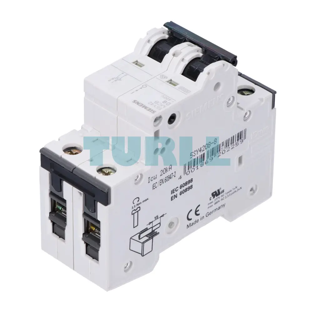 Siemens 5SY4208-8 Miniature Circuit Breaker 2-Pole, 8A, D-Curve, 10kA, 400V