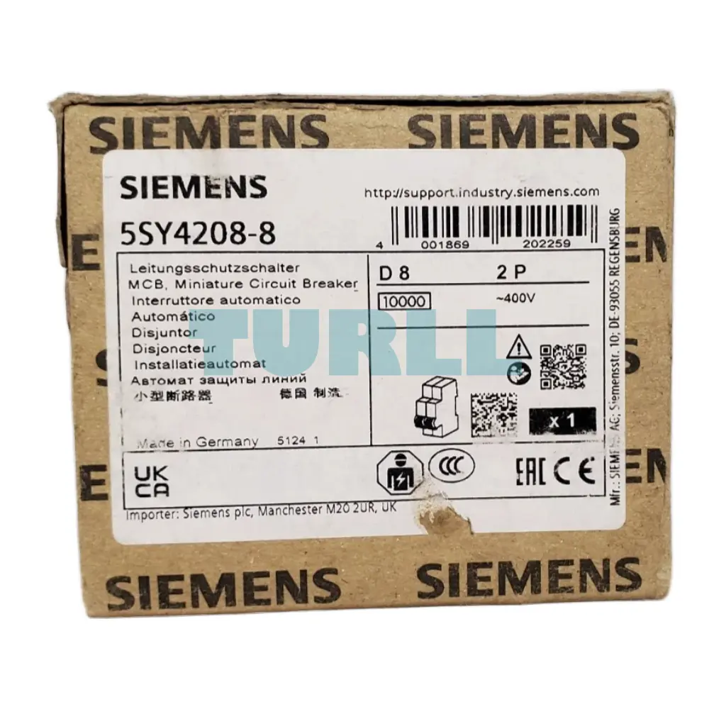 Siemens 5SY4208-8 Miniature Circuit Breaker 2-Pole, 8A, D-Curve, 10kA, 400V