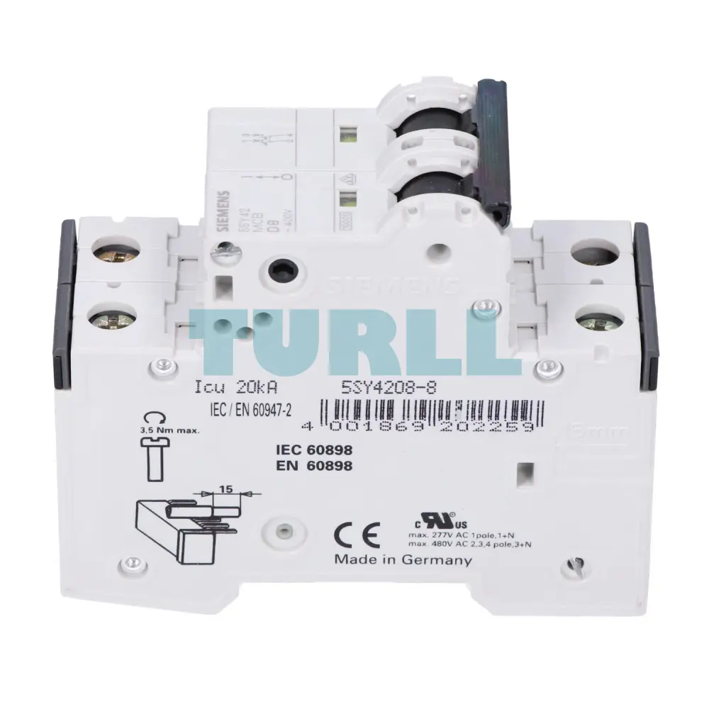 Siemens 5SY4208-8 Miniature Circuit Breaker 2-Pole, 8A, D-Curve, 10kA, 400V