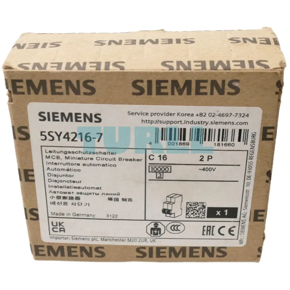 Siemens 5SY4216-7 Miniature Circuit Breaker 2-Pole, 16A, 400V, C Curve, 10kA