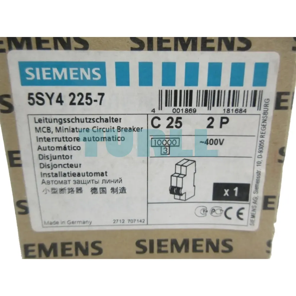 Siemens 5SY4225-7 Miniature Circuit Breaker 2-Pole, 25A, Type C, 10kA, 400V