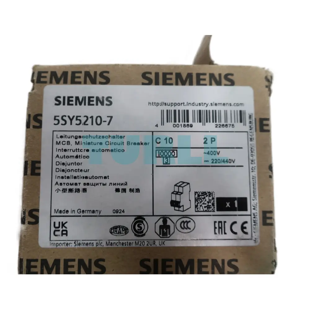 Siemens 5SY5210-7 Universal Circuit Breaker 2-Pole, 10A, C-Characteristic, 440V DC / 400V AC, 10kA