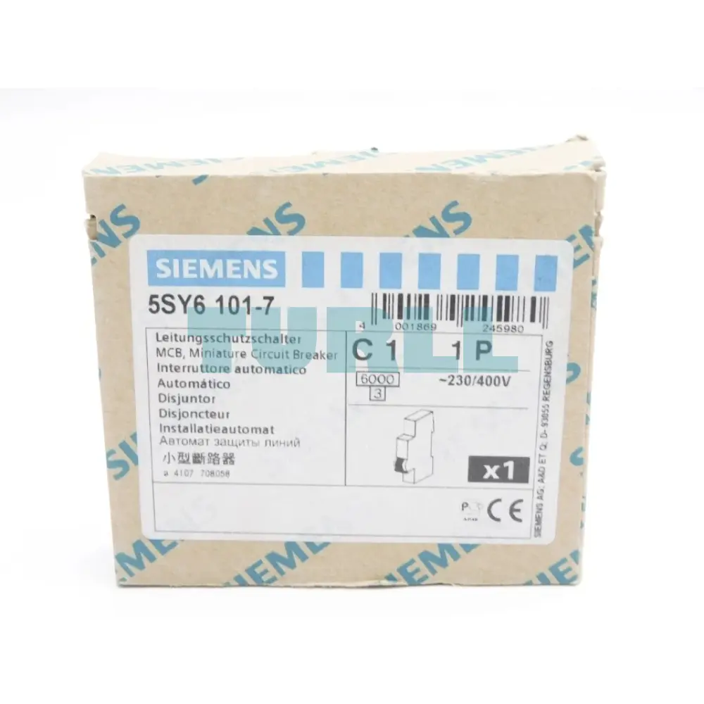 Siemens 5SY6101-7 Miniature Circuit Breaker 1-Pole, 1A, C-Curve, 6kA