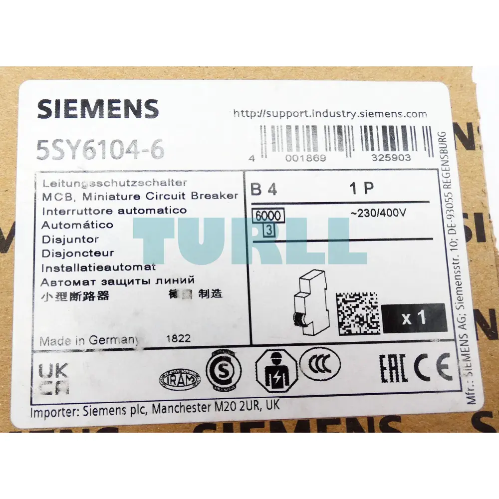 Siemens 5SY6104-6 Miniature Circuit Breaker 4A, 1-Pole, B-Curve, 6kA, 230/400V