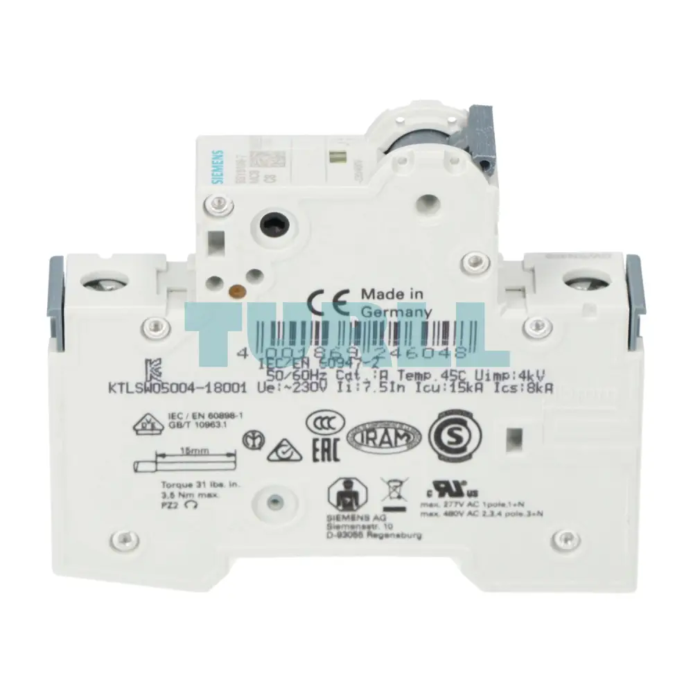Siemens 5SY6108-7 Miniature Circuit Breaker 1-Pole, 8A, Type C, 6kA, 230/400V