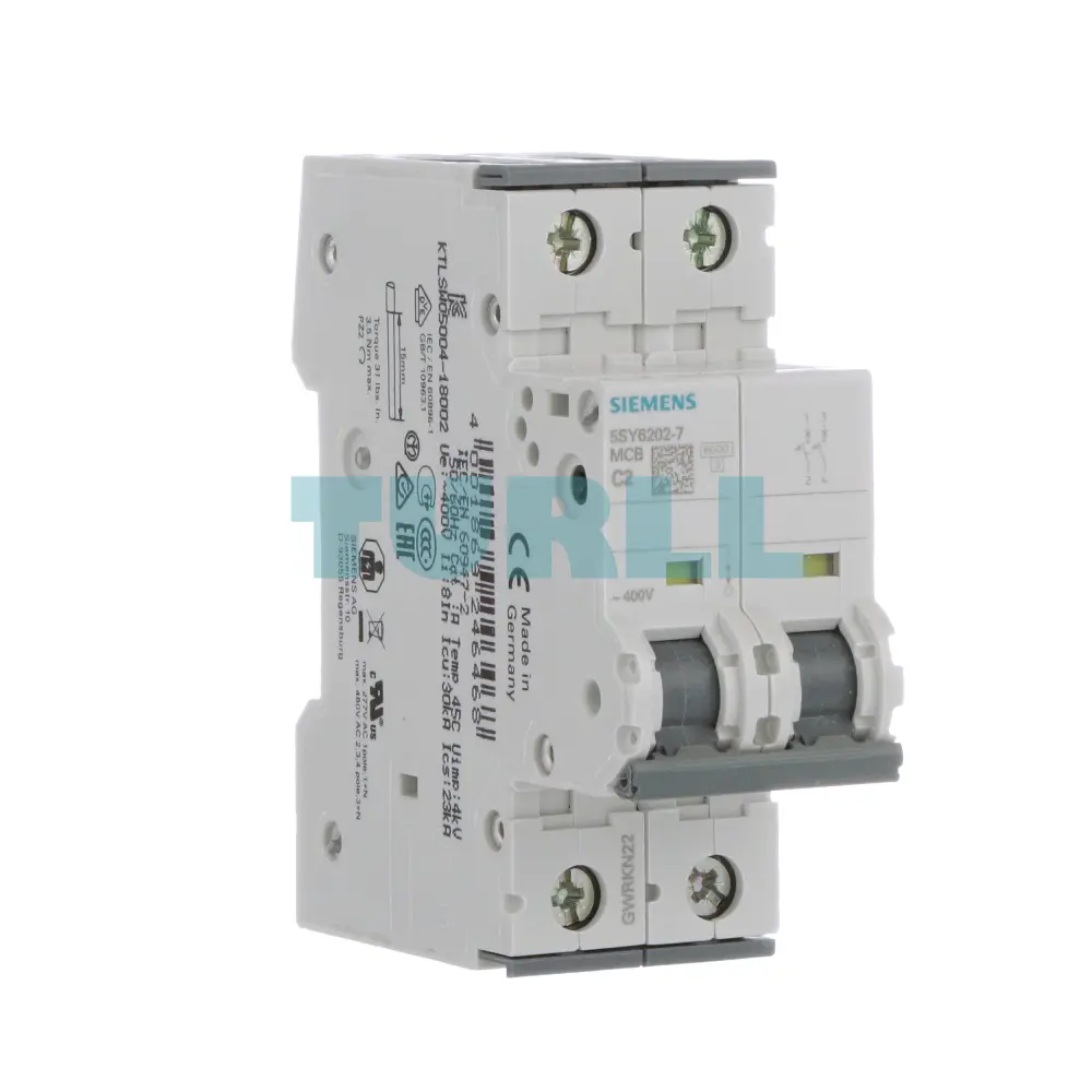 Siemens 5SY6202-7 Miniature Circuit Breaker 2-Pole, 2A, C-Type, 400V, 6kA