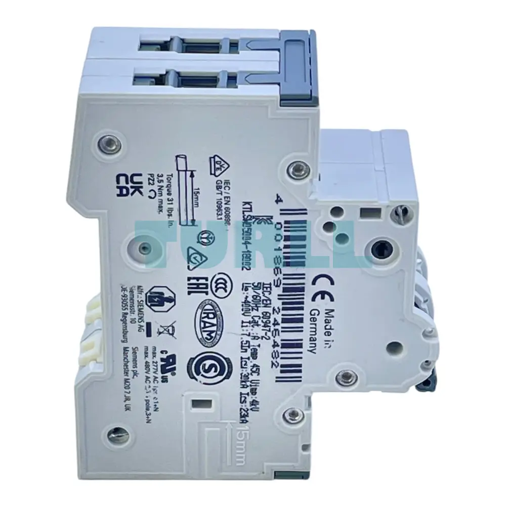 Siemens 5SY6204-7 Miniature Circuit Breaker 2-Pole, 4A, 400V, C-Type, 6kA