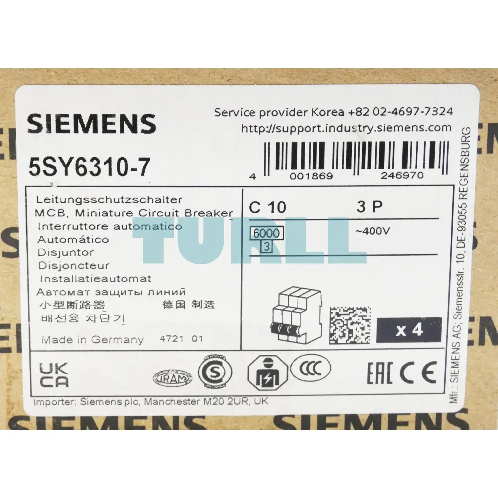 Siemens 5SY6310-7 Miniature Circuit Breaker 3-Pole, 10A, 400V, 6kA, C-Characteristic