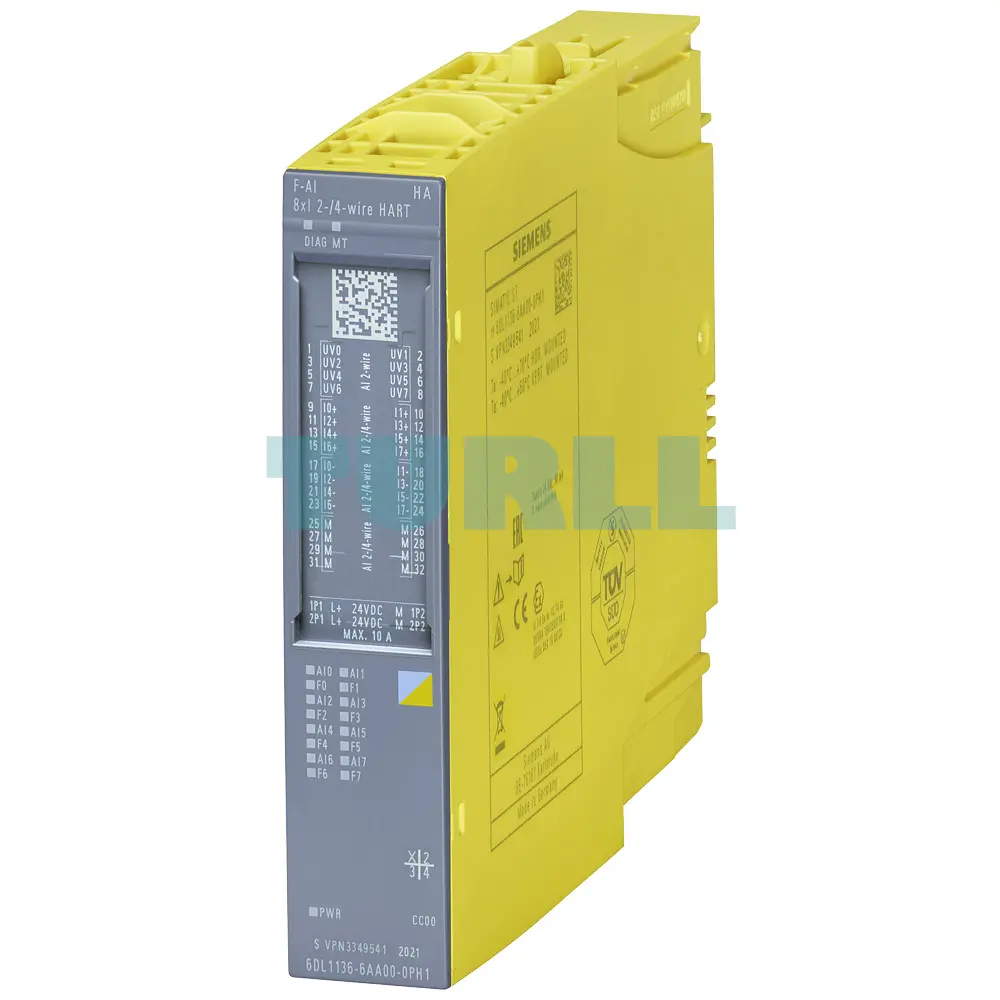 6DL1136-6AA00-0PH1 SIEMENS analog input safety module for ET 200SP HA with 8x AI HART, SIL 3, PL e, 16-bit resolution, and channel diagnostics.