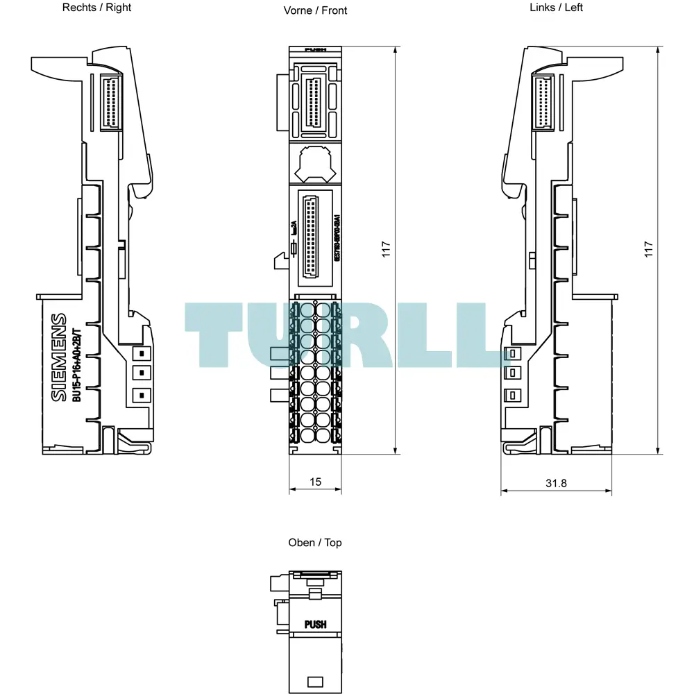 Siemens 6ES7193-6BP00-0BA1 SIMATIC ET 200SP, BaseUnit BU15-P16+A0+2B/T, Push-In Terminal