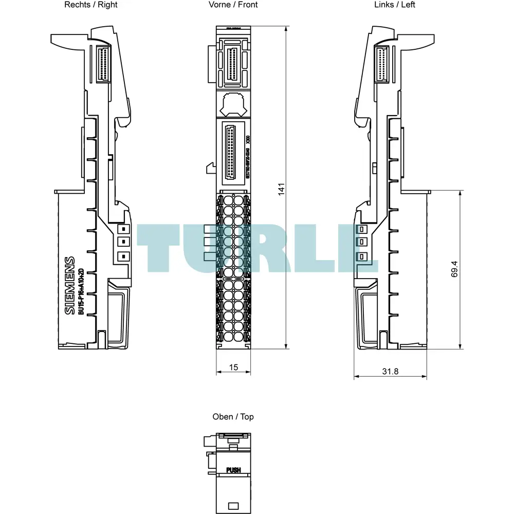 Siemens 6ES7193-6BP20-0DA0 SIMATIC ET 200SP BaseUnit BU15-P16+A10+2D, Type A0, Push-In Terminal