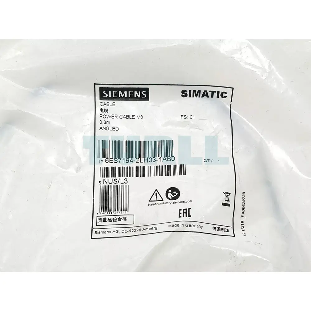6ES7194-2LH03-1AB0 SIEMENS Exclusive Angled Power Cable M8 Original Brand New 5 6ES7194-2LH03-1AB0 Siemens angled M8 power cable 0.3m