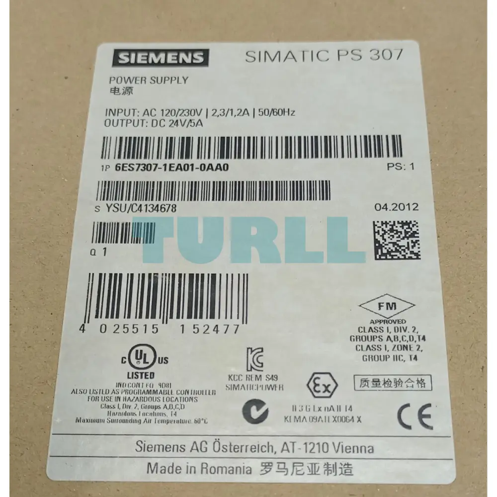 Siemens 6ES7307-1EA01-0AA0 SIMATIC S7-300 Regulated Power Supply PS307, 24V DC, 5A Original Brand New 4 Siemens 6ES7307-1EA01-0AA0 SIMATIC S7-300 Regulated Power Supply PS307, 24V DC, 5A